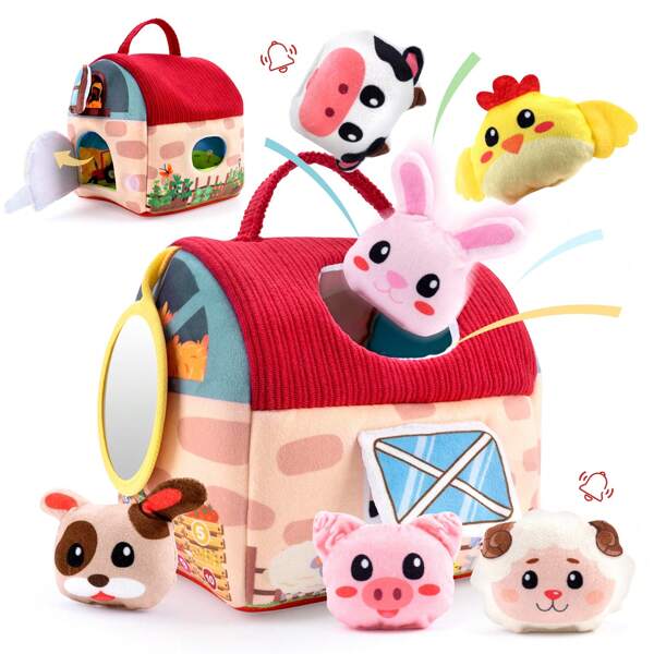 Juguetes de granja Montessori con tema de granero para bebés de 6 a 12 meses, con 6 piezas de animales de peluche con sonajero, juguete sensorial para desarrollo de niños pequeños, regalo