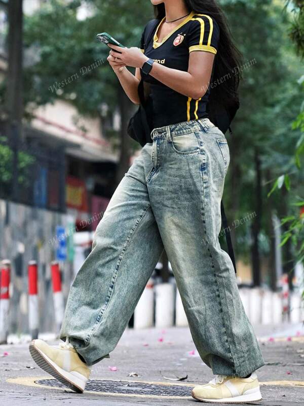 Women's Solid Color Retro Vintage Washed Straight Loose Leg Jeans
