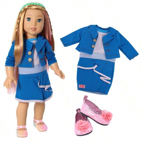 Conjunto de ropa para muñeca de 18" - Vestido + Chaqueta azul + Zapatos (Muñeca no incluida), Regalo de festival para niños