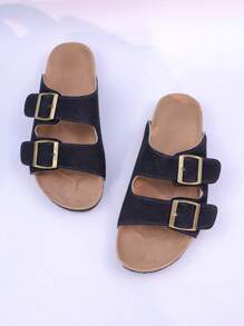 1 par de chanclas de verano unisex para adolescentes/parejas, con hebilla metálica decorativa, cómodas sandalias planas de punta abierta para uso diario