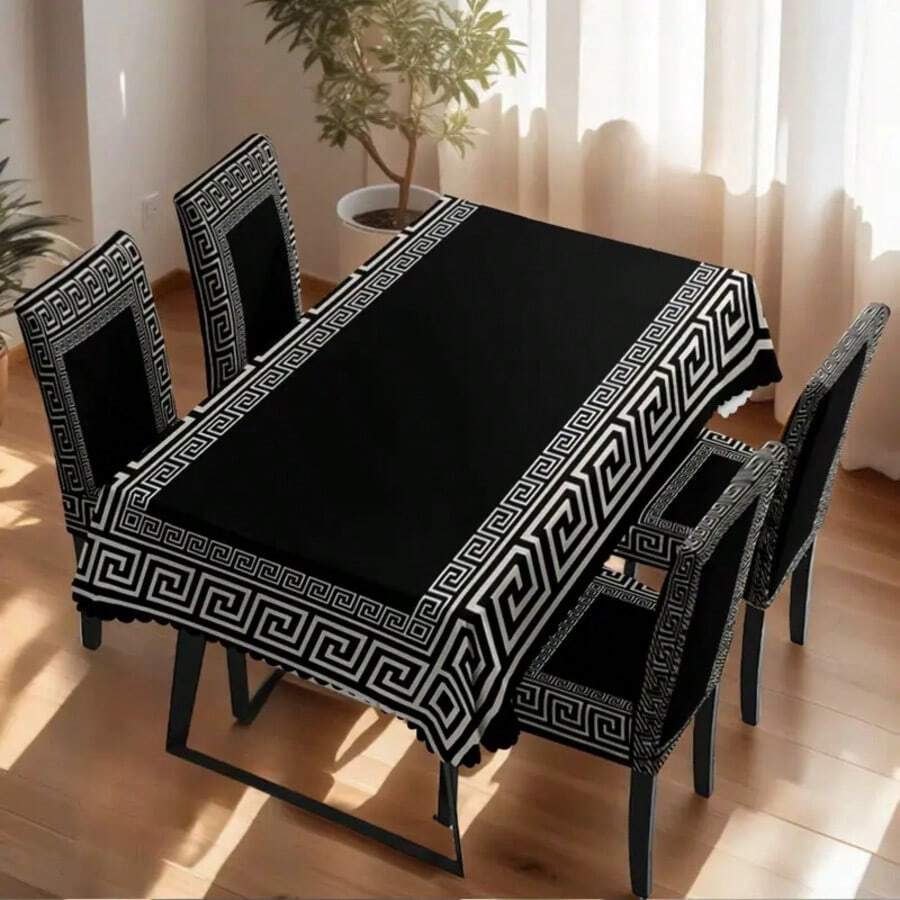 1/4/6 Peças Conjunto de Capas de Cadeira com Estampa Geométrica de Borda em Bottom Preto Clássico, Adequado para Decoração Moderna Interna de Casa, Restaurante, Hotel. Toalha de Mesa Adequada para Mesas Quadradas, Capas de Cadeira Elásticas Laváveis