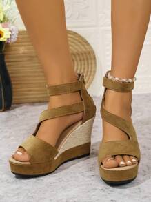 European & American Style Elegant Patchwork Platform High Heel Sandals, Fashionable Peep-Toe Wedge Heel Summer Dress Shoes For Women