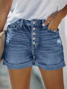 女士休闲水洗纽扣破洞牛仔短裤