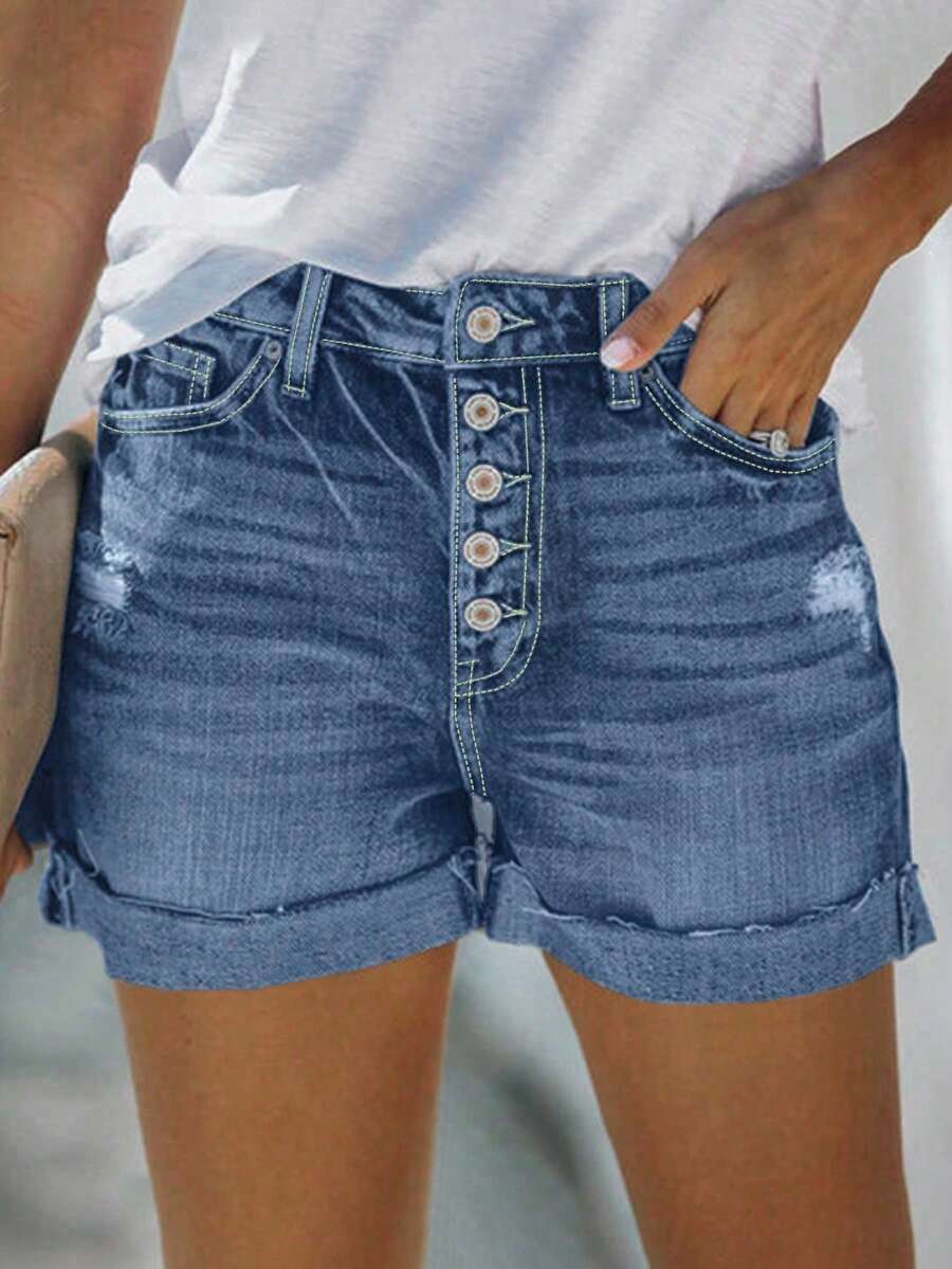 女士休闲水洗纽扣破洞牛仔短裤