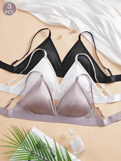 3 PIEZAS Sujetador de seda con triángulo francés sin aros para mujer, almohadillas de pecho desmontables, tirantes ajustables, minimalista casual, versátil de uso diario, unicolor con escote en V profundo