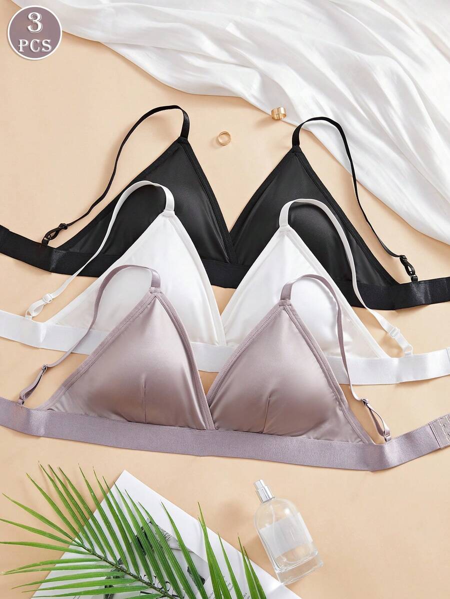 3PCS Women's Summer French Triangle Cup Silk Bra With No Underwire, Detachable Chest Pads, Adjustable Shoulder Straps, Casual Minimalist, Everyday Versatile Solid Color Deep V Bra - Multicolor - View 1