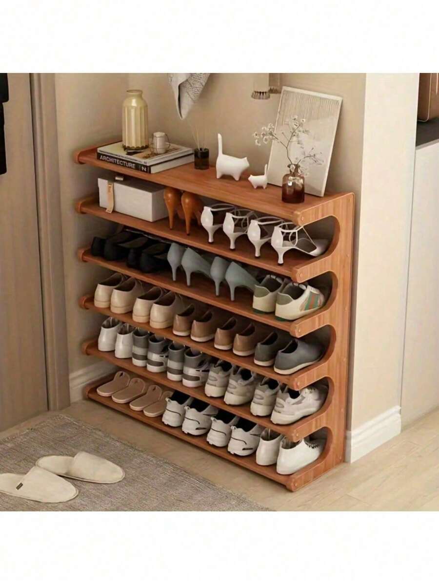 1 Pieza Estantería de zapatos de bambú de 6 niveles y 70cm de ancho - Multipisos, cajas de almacenamiento independientes, acabado de grano de madera, material de muebles, adecuado para dormitorio y entrada, fácil montaje, color marrón - Multicolor - Ver 1