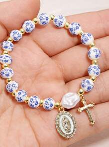 1 pièce Magnifique et délicat bracelet en céramique avec perles dorées et perles baroques artificielles, avec Vierge Marie et pendentif en acier inoxydable. Un excellent cadeau/bijou chrétien/cadeau chrétien