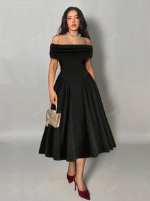 Women's Elegant Ruffle Off Shoulder Formal Evening Party Wedding Gown, Solid Color Dress For Summer
