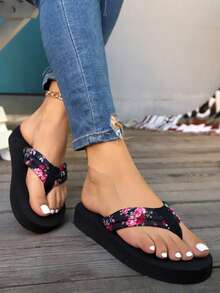 Damskie letnie płaskie sandały japonki, modne codzienne plażowe kapcie, drobne kwiatowe klapki na zewnątrz