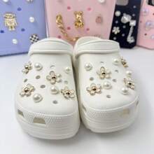 16pcs/Set White Flower & Faux Pearl Shoe Charms For Clogs Sandal Garden Shoes Silicone Bracelet Decoration, DIY Accessories,Festival Gift