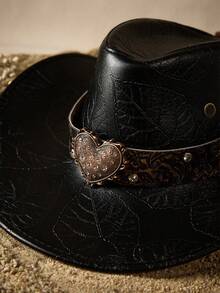 Tropiscape PU皮革牛仔帽，饰有独特的金属心形水钻和复古风格腰带，是庆祝活动、婚礼和假期、圣诞节、情人节、海滩、秋季圣诞节、冬季圣诞节的完美之选，也是理想的圣诞礼物。 - 彩色 - 查看 3
