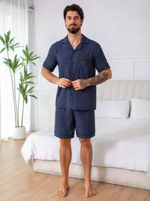 2pcs/Set Men's Plaid Allover Print Short Sleeve Shirt And Shorts Pajama Set