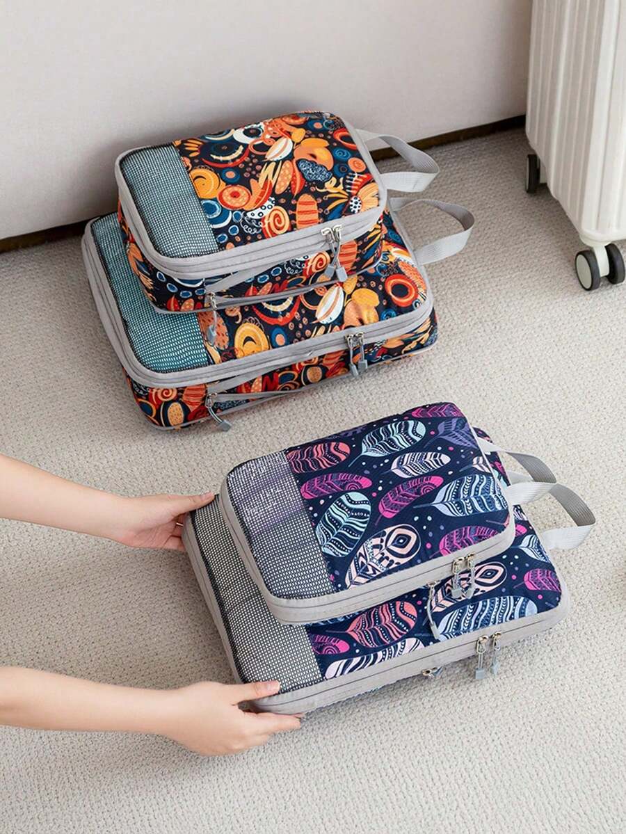 4Pcs/Set High-Quality Print Compression Storage Bag Set, Travel Business Trip Luggage Clothes Organizer Underwear Clothes Organizing Storage Bag - Multicolor - View 1