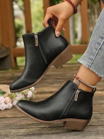 Solid Color Preppy Style Party Vacation Fashion Western Side Zipper Women Ankle Boots And Short Boots, Vacation Outdoor Spring Autumn Winter Almond Toe Chunky Heel Short Tube Boots