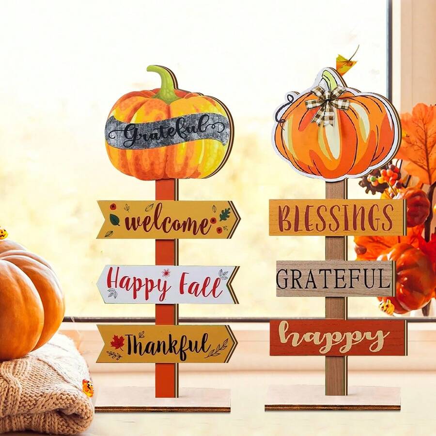 1/380 Sets Available, 2 Pcs/Set Welcome Autumn Thanksgiving Pumpkin Autumn Harvest Desktop Decoration Accessories Suitable For Autumn Farmhouse, Living Room, Bedroom Home Desktop Decoration