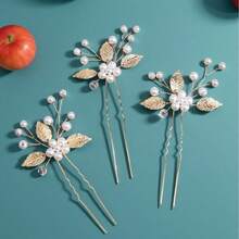 7pcs Gold Leaf Handmade Woven Faux Pearl Crystal Bridal Headpiece Hair Accessories Flower Hair Pin For Wedding Gown Valentine's Day Accessories - Gold - View 3