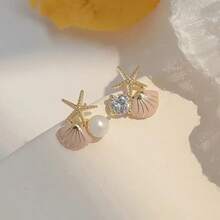 Boho Shell Earrings For Women,Asymmetry Exquisite Starfish Shell Earring Crystal Pearl Earring Beach Jewelry Gift - trắng - Xem 4