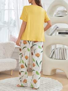 2pcs Maternity Nursing Set, Floral Print Pants And Solid Color Top, Maternity Loungewear - Multicolor - View 2