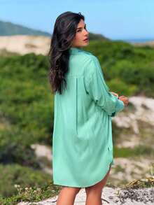 Plain Chemise Shirt Beach Cover-Up - Green - View 3