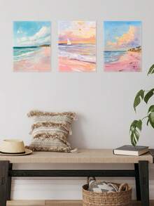 Set Of 3 Landscape Poster, Beach Sunset Canvas Print Wall Arts, Pastel Colors Poster, Coastal Art Prints, Dreamy Seascapes Wall Arts, View Modern Artwork, Home Decor, Wall Arts, Posters, Ideal Gift, Optional Framed