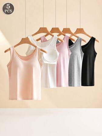 5pcs/Set Solid Color Casual - Comfortable Minimalist - Regular Casual Knitted Fabric Sleeveless Regular Crew Neck With Padded Tank Top, For Workout