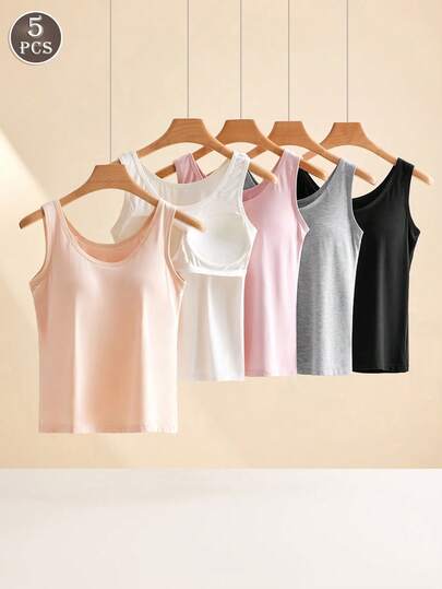 5pcs/Set Solid Color Casual - Comfortable Minimalist - Regular Casual Knitted Fabric Sleeveless Regular Crew Neck With Padded Tank Top, For Workout