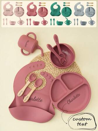 1 pieza/2 piezas/8 piezas Vajilla personalizada para bebé con impresión bajo demanda - Plato, tazón, vajilla personalizada con nombre - Babero de bebé, cucharas y tenedores blandos de bebé, taza de bebé de unicolor, para hijo, hija, regalo de Navidad