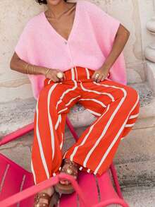 Striped Polyester Pants With Pockets & Fake Drawstring, Suitable For Daily Wear, Parties, Dates, Birthdays, Back-To-School, Travels, Country Music Festivals, Sports & Fitness In Spring And Summer - Red and White Stripes - View 3