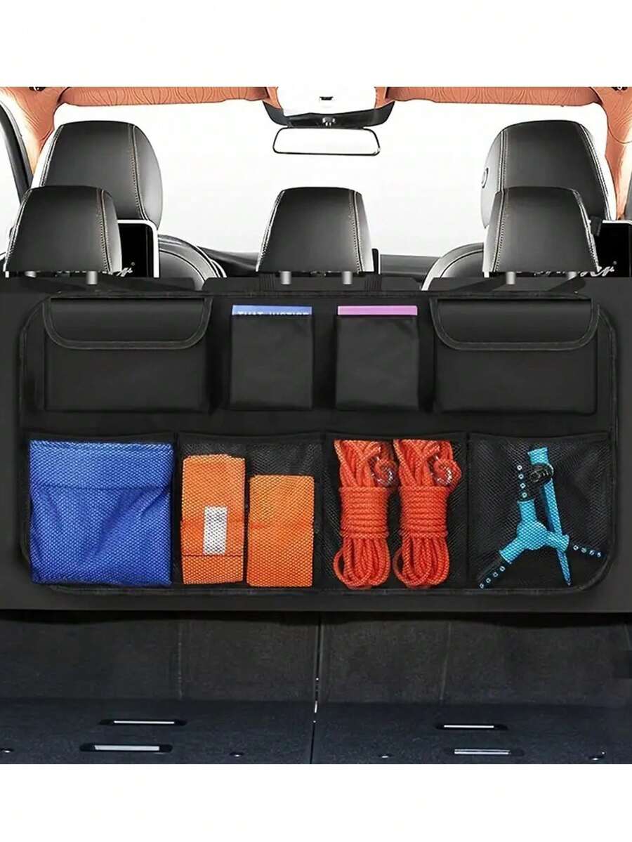 1 Car Trunk Storage Bag, Rear Seat Storage Bag, Large Capacity, Waterproof And Wear-Resistant Material, Easy To Install, A Travel Essential. - Black - View 1