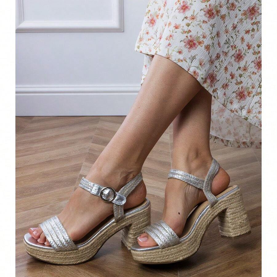 Summer Fashion Woven Waterproof Platform High Heel Sandals - Silver - View 1