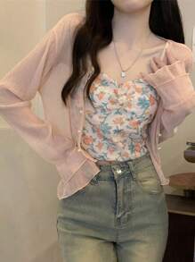 1 pieza Chaqueta de malla transparente anti-UV para mujer para vestido ligero con tirantes, cubierta de chifón sin mangas