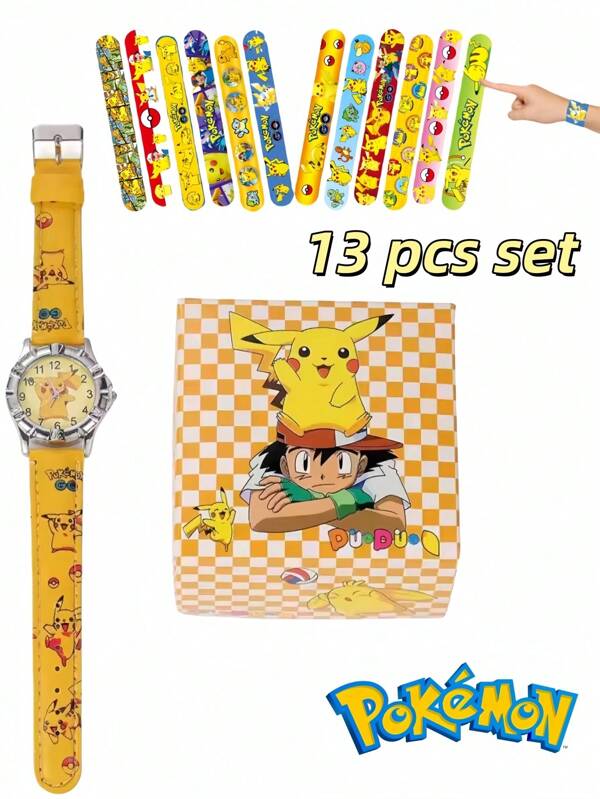 pokemon Pokemon New Kids Watch Set, 13pcs, Pokemon Cartoon Wristwatch Gift Box. Pokemon Slap Bracelet, Pikachu Electronic Watch Cute Fashion Watch, Quartz Watch Children Gift. 1 Box Watch + 12pcs Slap Bracelet. Watch Style Sent Randomly.