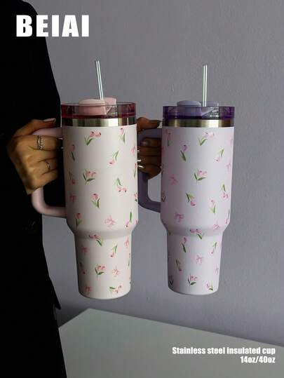 1 件 40 盎司-14 盎司大容量郁金香蝴蝶结隔热杯带手柄，不锈钢真空隔热旅行杯，适用于汽车、学校、办公室、户外、健身房、家居、女性和青少年礼物、节日和生日（带吸管）