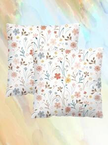 2pcs Ditsy Floral Pattern Decorative Throw Pillow Cases, Letter Print Square Pillowcase Without Filler, Cute Cushion Covers For Sofa, Living Room