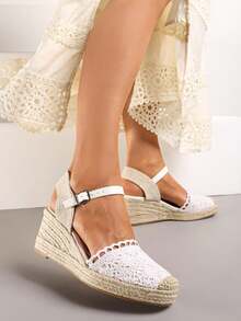 Espadrille Sandalen mit geflochtener Keilsohle und durchbrochener Zehenpartie - Weiss - Übersicht 2