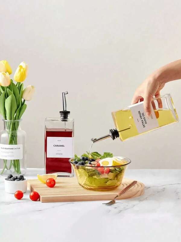 1pc, Glass Oil Bottle, 16.91 Oz Rectangular Olive Oil Dispenser Bottle, Large Capacity Clear Dispenser Bottle, Tightly Sealed Container For Easy Pouring, Clear Glass Oil Bottle For Soy Sauce And Vinegar, Soy Sauce Dispenser, Cooking Oil Dispenser, Grilling Accessories, Kitchen Supplies, Free Random Word Label Paper 1pc X 4pcs