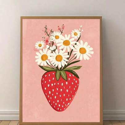 1pc Strawberry & Daisy Illustration Modern Text Poster Modern For Home Office Decor, Perfect For Living Room, Bedroom, Kitchen, And More Decor Gift Optional Frame ,Wall Art With Frame