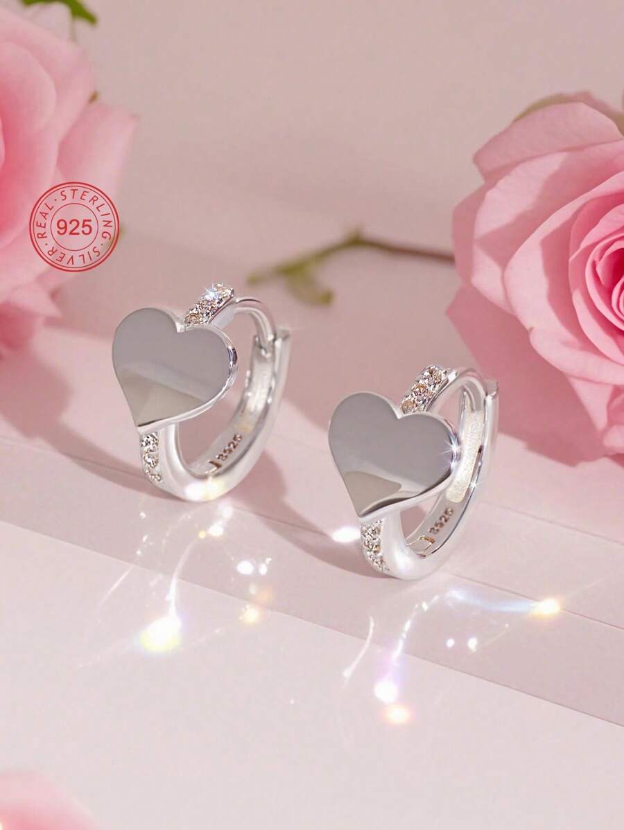 Artepollo 1 Pair 925 Sterling Silver Hypoallergenic Heart Shaped Earrings For Kids, Inlaid With Sparkling Cubic Zirconia, Delicate And Cute, Gift Box Packaging, Gift For Children, Young Girls, Friends Birthday