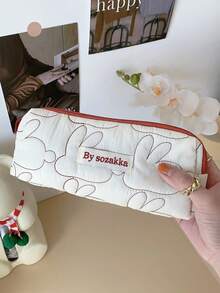 1 件简约纯色兔子绗缝可爱铅笔盒女士化妆包便携式收纳袋学校用品，返校，学校用品，铅笔袋，书包 - 白色 - 查看 4