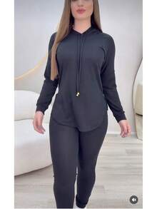 Simple Casual Elegant Hooded Wool Set - màu đen - Xem 2