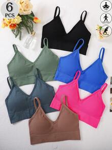 6件装女士纯色罗纹运动文胸吊带背心