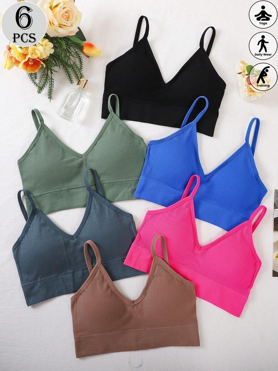 6件装女士纯色罗纹运动文胸吊带背心
