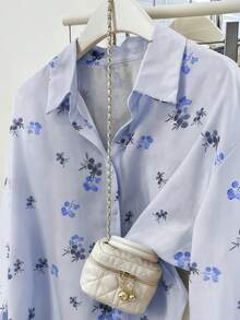 YUXIN Elegant Ditsy Floral Blouse, Lightweight Breathable Women's Shirt For Spring, Summer & Autumn - Lake Blue - View 9