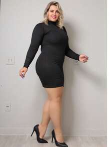 Vestido Manga Longa Gola Alta Moda feminina justo Moda Feminina  Simples    elegante  Casual    Malhado    Escritório - Preto - Visão 2