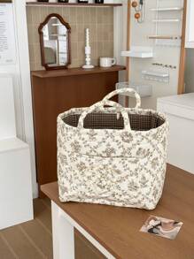 Cesta de almacenamiento suave con estampado de flores y vides, cesto de ropa rectangular con asa, de uso diario en el hogar para mujeres, para todo el año