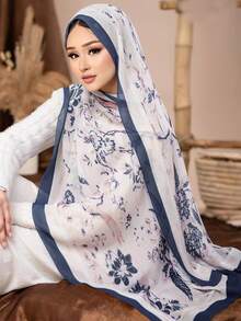 1 pièce Hijab en mousseline de soie imprimé, foulard de tête élégant et luxueux de couleur rétro pour femmes, accessoires hijab abaya, voile pour robe - Multicolore - Voir 9