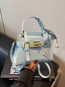 高级奢华鳄鱼纹压花女士手提包，时尚精致的金属装饰，可调节肩带斜挎包，简约风格肩带装饰单肩手提包，磁扣闭合，多功能轻便收纳斜挎包，高级丝巾装饰设计手提包，适合送礼、购物、约会、商务旅行、度假等多种场合。 - 藍色 - 查看 7