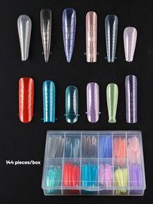 FULL BEAUTY Caja de 144 piezas Moldes de extensión de uñas largas en forma de ataúd/ovalada de colores claros para arte de uñas, con cobertura completa, molde para extensión de uñas de gel UV, acrílico y arte de uñas DIY, incluye 12 tamaños, escala y puntas en forma de U para extensiones de uñas artificiales falsas