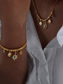 Colar com pingente de árvore da vida, girassol, estrela e lua em estilo boêmio vintage com pulseira de contas turquesa para mulheres